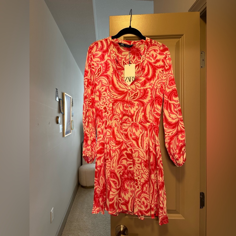Zara Vibrant pink and white Long Sleeve Dress